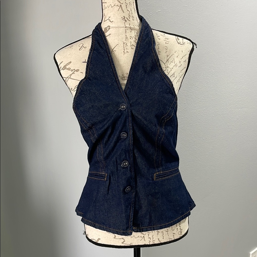 Reformation Dark Denim Halter Button Front Top